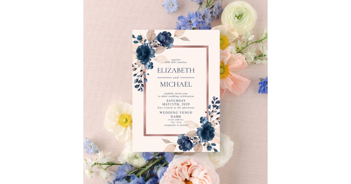 Rose Gold Navy Blue Dusty Pink Floral Wedding Invitation | Zazzle