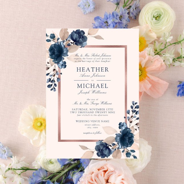 Rose Gold Navy Blue Dusty Pink Floral Wedding Invitation (Creator Uploaded)