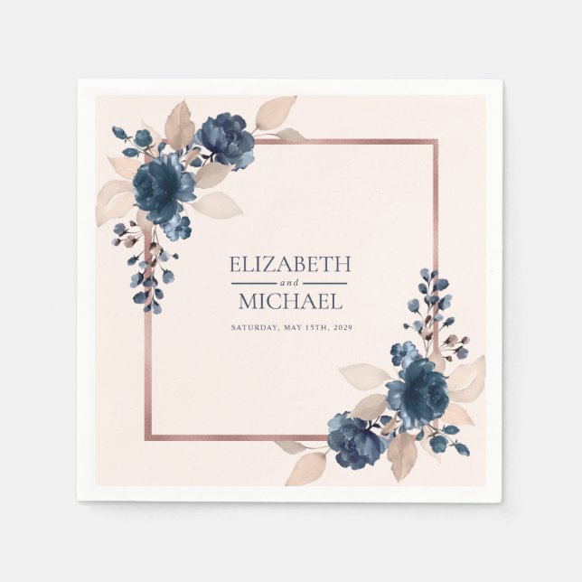 Rose Gold Navy Blue Dusty Pink Floral Wedding Napkin (Front)