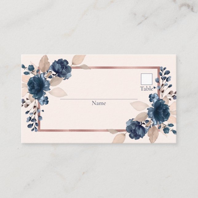 Rose Gold Navy Blue Dusty Pink Floral Wedding Place Card (Front)