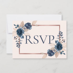 Rose Gold Navy Blue Dusty Pink Floral Wedding RSVP