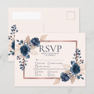 Rose Gold Navy Blue Dusty Pink Floral Wedding RSVP Invitation Postcard