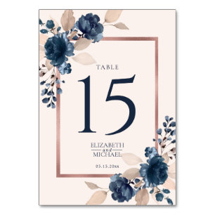 Rose Gold Navy Blue Dusty Pink Floral Wedding Table Number