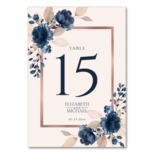 Rose Gold Navy Blue Dusty Pink Floral Wedding Table Number (Front)