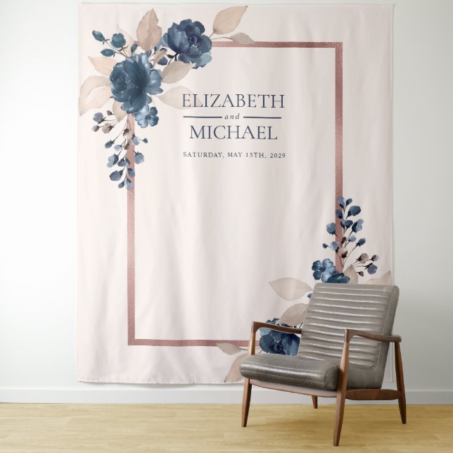 Rose Gold Navy Blue Dusty Pink Floral Wedding Tapestry (In Situ)