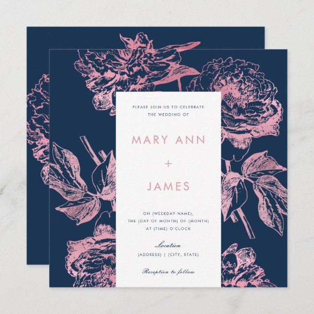 Rose Gold Navy Blue Elegant Floral Wedding Invitation (Front/Back)
