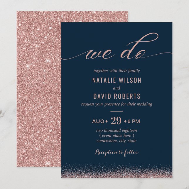 Rose Gold & Navy Blue Elegant Typography Wedding Invitation (Front/Back)