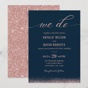 Rose Gold & Navy Blue Elegant Typography Wedding Invitation