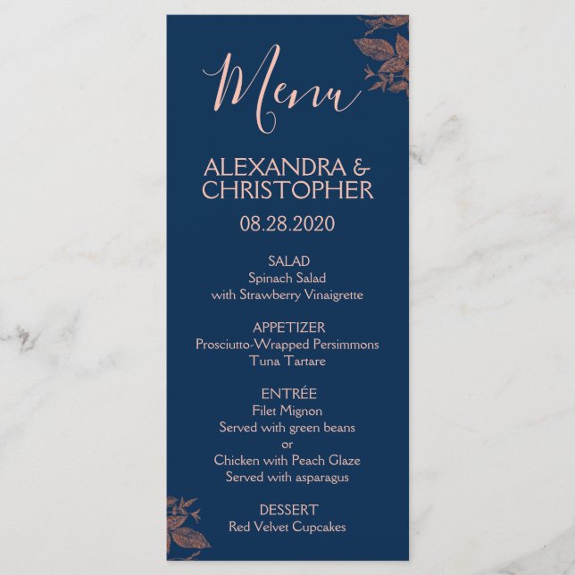 Rose Gold Navy Blue Floral Elegant Wedding Menu (Front)