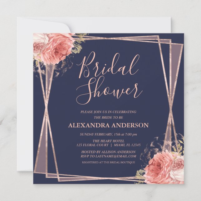 Rose Gold Navy Blue Floral Modern Bridal Shower Invitation (Front)