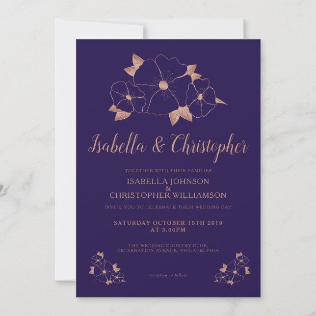 Rose Gold navy blue floral modern Invitation (Front)