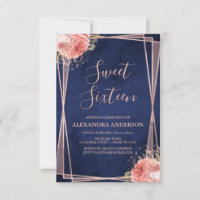 Rose Gold Navy Blue Floral Sweet Sixteen Birthday