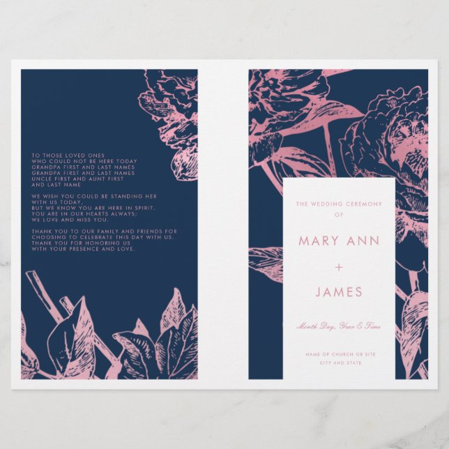 Rose Gold Navy Blue Floral Wedding Program (Front)