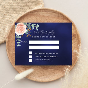 Rose gold navy blue floral wedding response RSVP Card