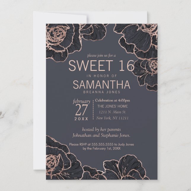 Rose Gold Navy Blue Flowers Sweet 16 Invitations (Front)