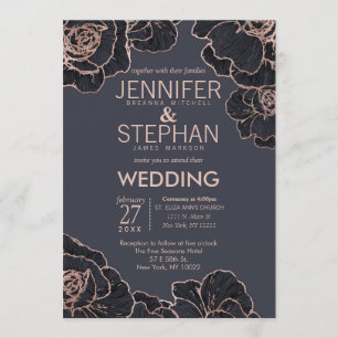 Rose Gold Navy Blue Flowers Wedding Invitations
