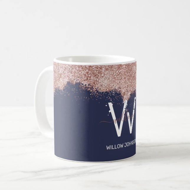 Rose Gold Navy Blue Girly Glitter Dust Monogram Coffee Mug (Front Left)