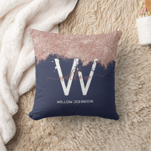 Rose Gold Navy Blue Girly Glitter Dust Monogram Cushion