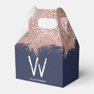 Rose Gold Navy Blue Girly Glitter Dust Monogram Favour Box