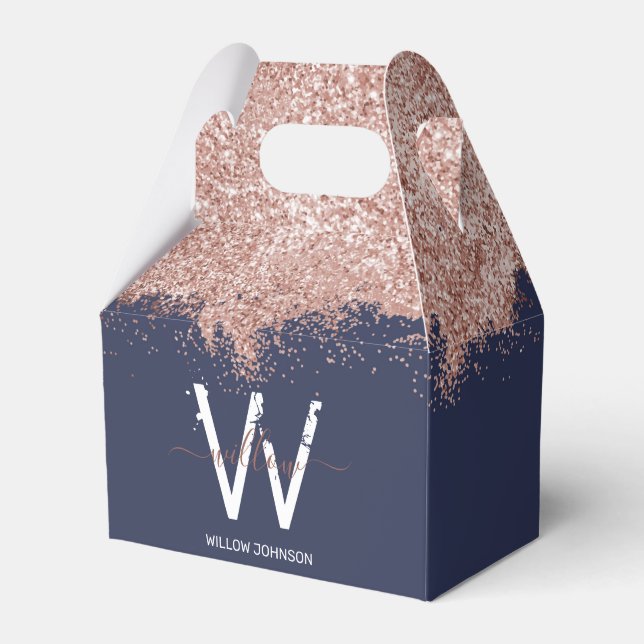 Rose Gold Navy Blue Girly Glitter Dust Monogram Favour Box (Front Side)