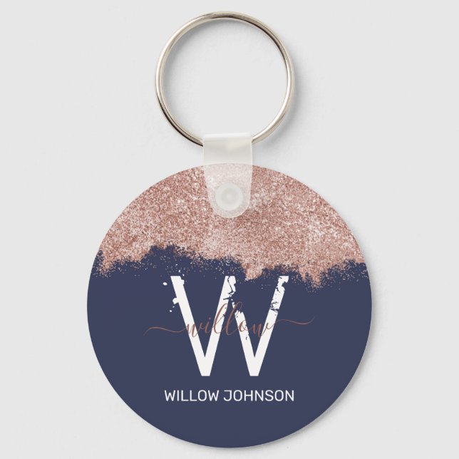 Rose Gold Navy Blue Girly Glitter Dust Monogram Key Ring (Front)