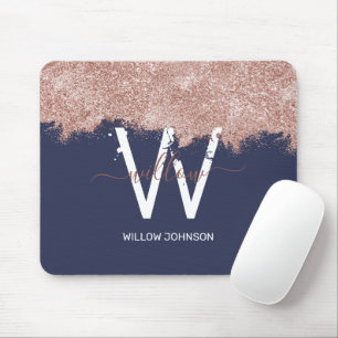Rose Gold Navy Blue Girly Glitter Dust Monogram Mouse Mat