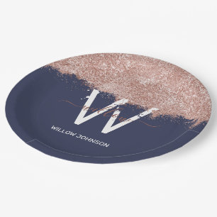 Rose Gold Navy Blue Girly Glitter Dust Monogram Paper Plate
