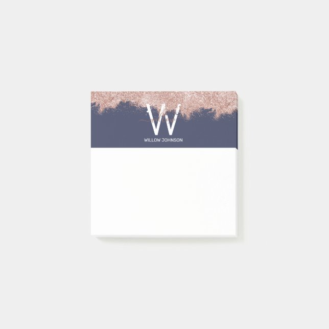 Rose Gold Navy Blue Girly Glitter Dust Monogram Post-it Notes (Front)