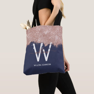 Rose Gold Navy Blue Girly Glitter Dust Monogram Tote Bag