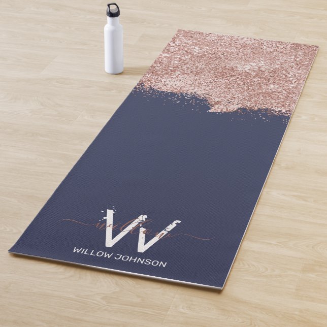Rose Gold Navy Blue Girly Glitter Dust Monogram Yoga Mat (In Situ)