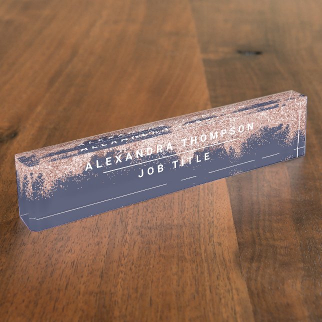 Rose Gold Navy Blue Girly Glitter Dust Nameplate (Side)