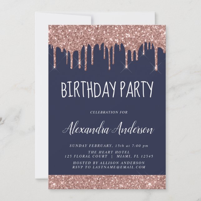 Rose Gold Navy Blue Glitter Any Age Birthday Invitation (Front)