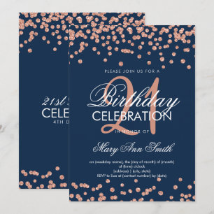 Rose Gold Navy Blue Glitter Confetti 21st Birthday Invitation
