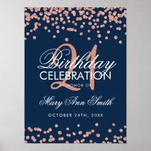 Rose Gold Navy Blue Glitter Confetti 21st Birthday Poster