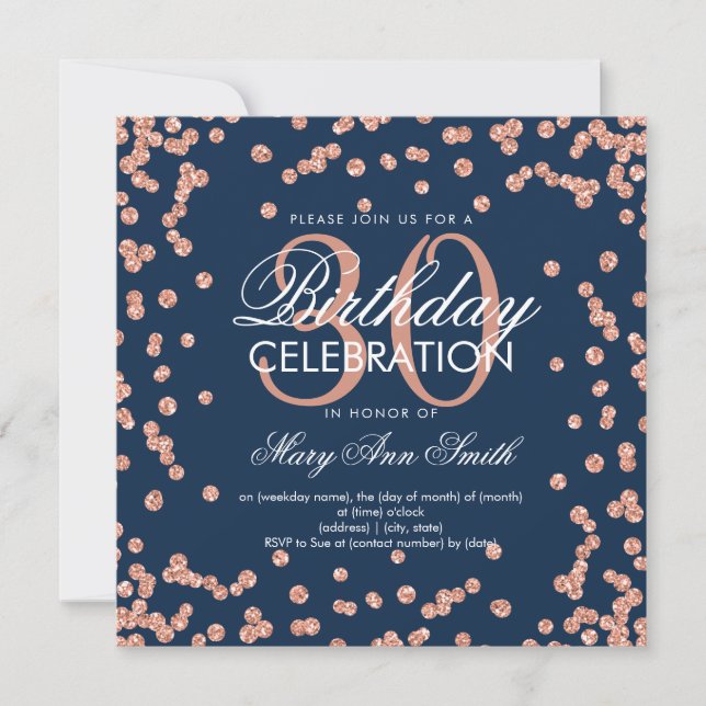 Rose Gold Navy Blue Glitter Confetti 30th Birthday Invitation (Front)