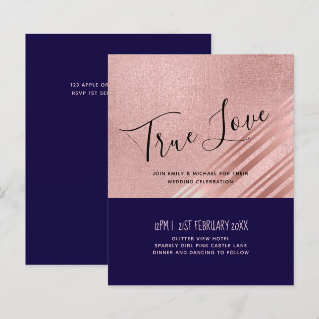 Rose Gold Navy Blue Glitter Foil Look WEDDING (Front/Back)