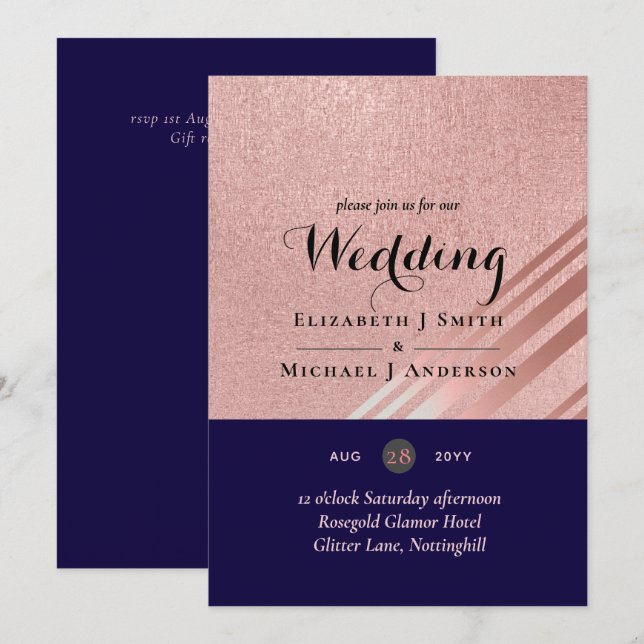 Rose Gold Navy Blue Glitter Foil Look WEDDING (Front/Back)