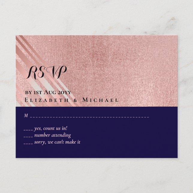 Rose Gold Navy Blue Glitter Foil Look WEDDING Postcard (Front)