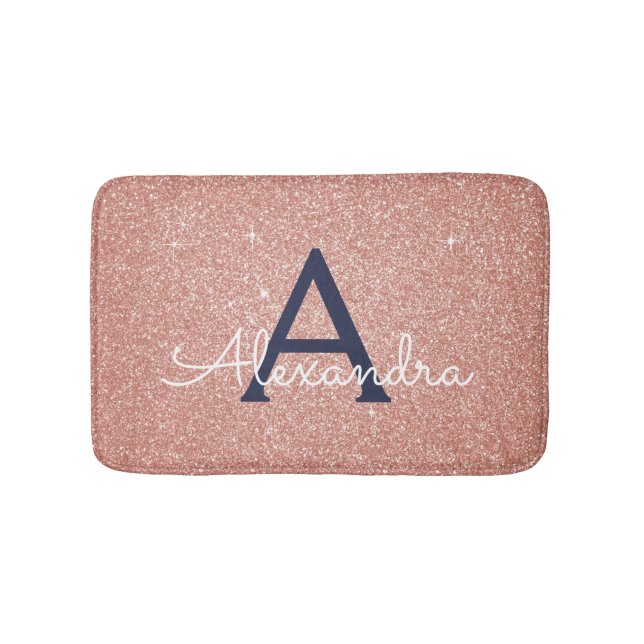 Rose Gold Navy Blue Glitter Sparkle Monogram Bath Mat (Front)