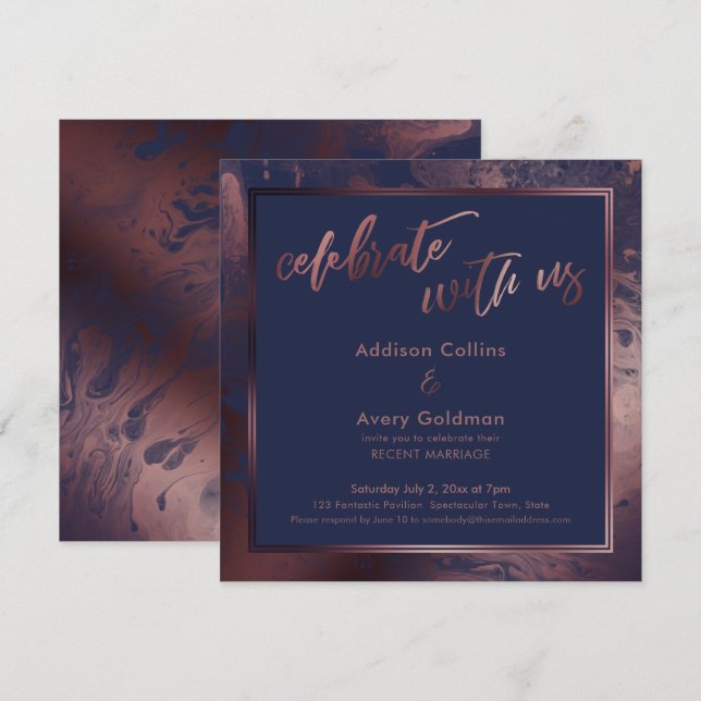 Rose Gold & Navy Blue Marble Celebrate with Us Invitation (Front/Back)