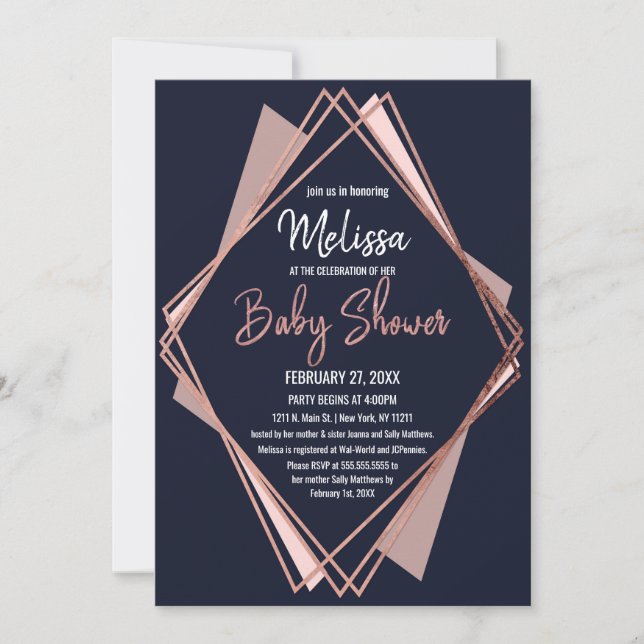 Rose Gold Navy Blue Mauve Geometric Baby Shower Invitation (Front)