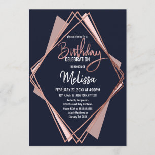 Rose Gold Navy Blue Mauve Geometric Birthday Invitation