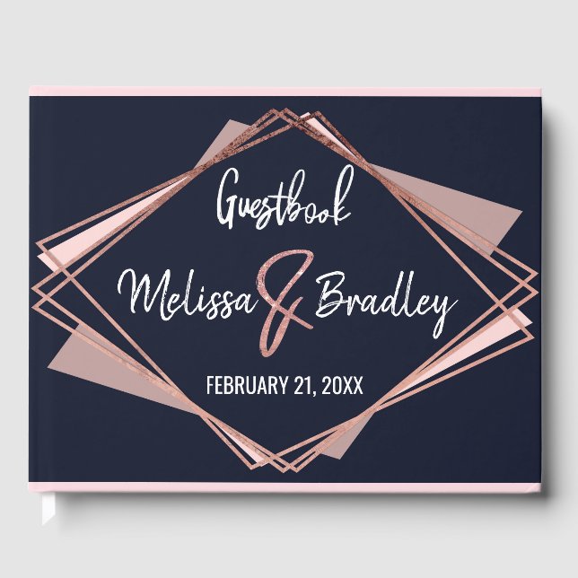 Rose Gold Navy Blue Mauve Geometric Guestbook (Front)