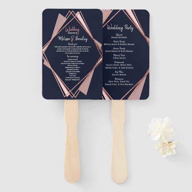 Rose Gold Navy Blue Mauve Geometric Programs Hand Fan (Front and Back)