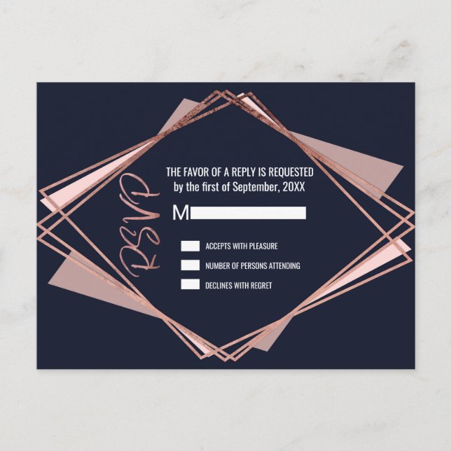 Rose Gold Navy Blue Mauve Geometric RSVPs Invitation Postcard (Front)