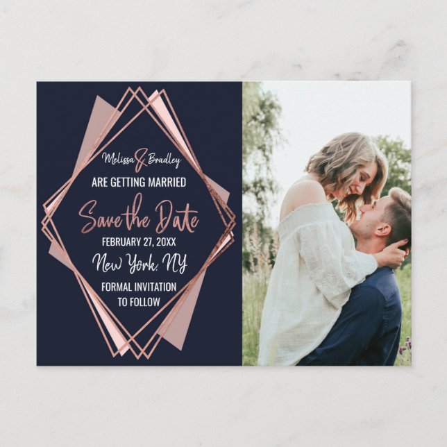 Rose Gold Navy Blue Mauve Geometric Save the Date Announcement Postcard (Front)