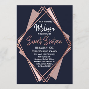 Rose Gold Navy Blue Mauve Geometric Sweet 16 Invitation