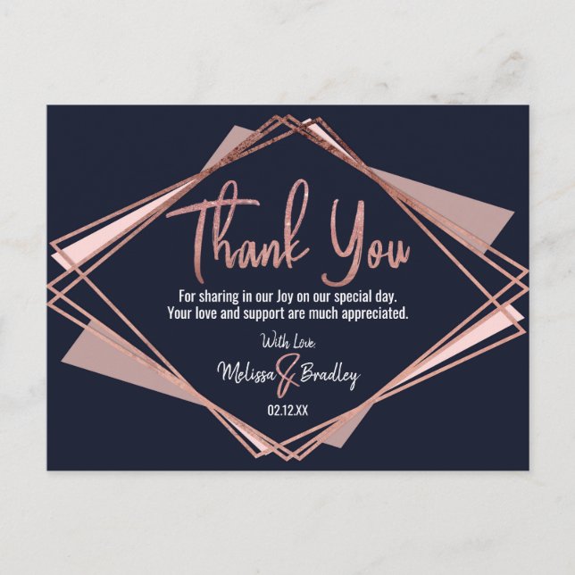 Rose Gold Navy Blue Mauve Geometric Thank You Postcard (Front)