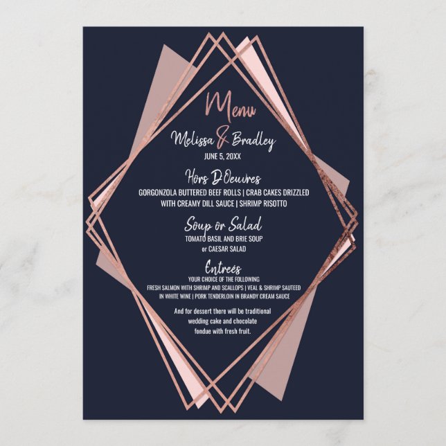 Rose Gold Navy Blue Mauve Geometric Wedding Menu (Front)