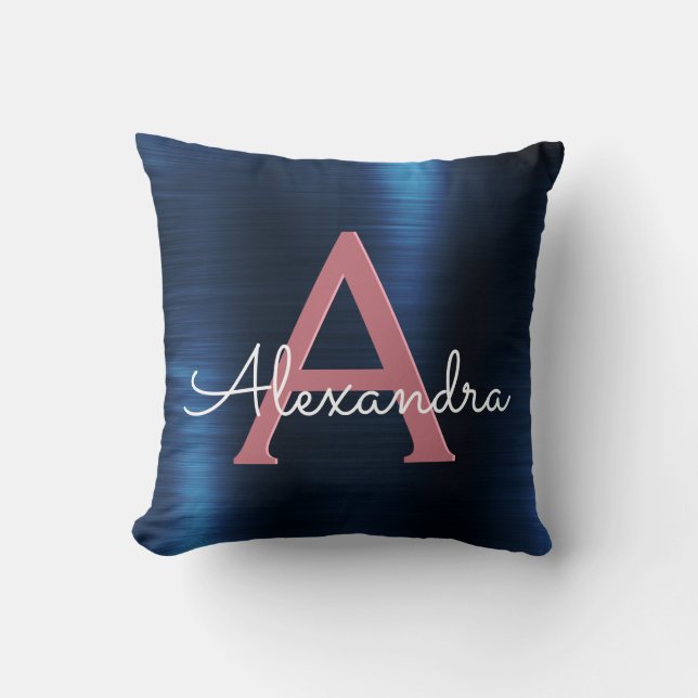 Rose Gold & Navy Blue Metallic Foil Monogrammed Cushion (Front)
